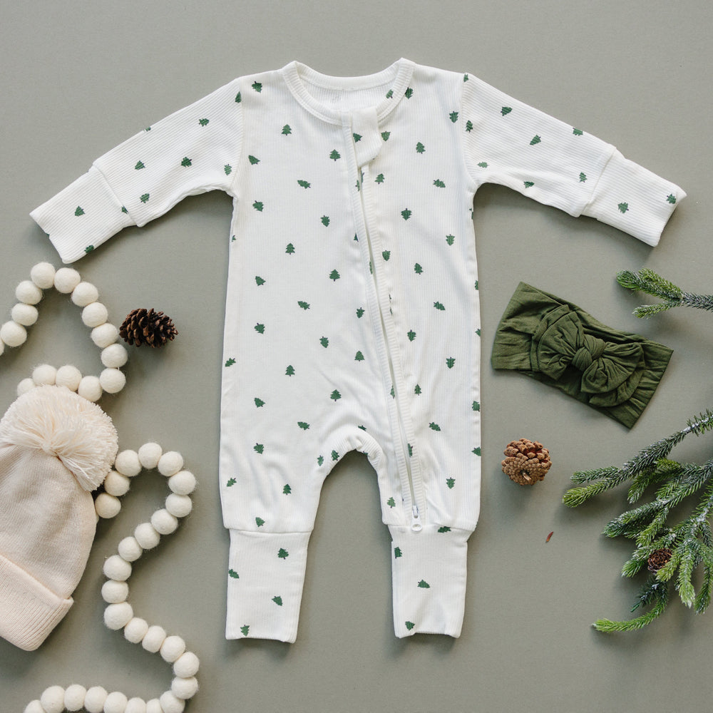 2PCS Trees Printed Ribbed Zipper Baby Jumpsuit