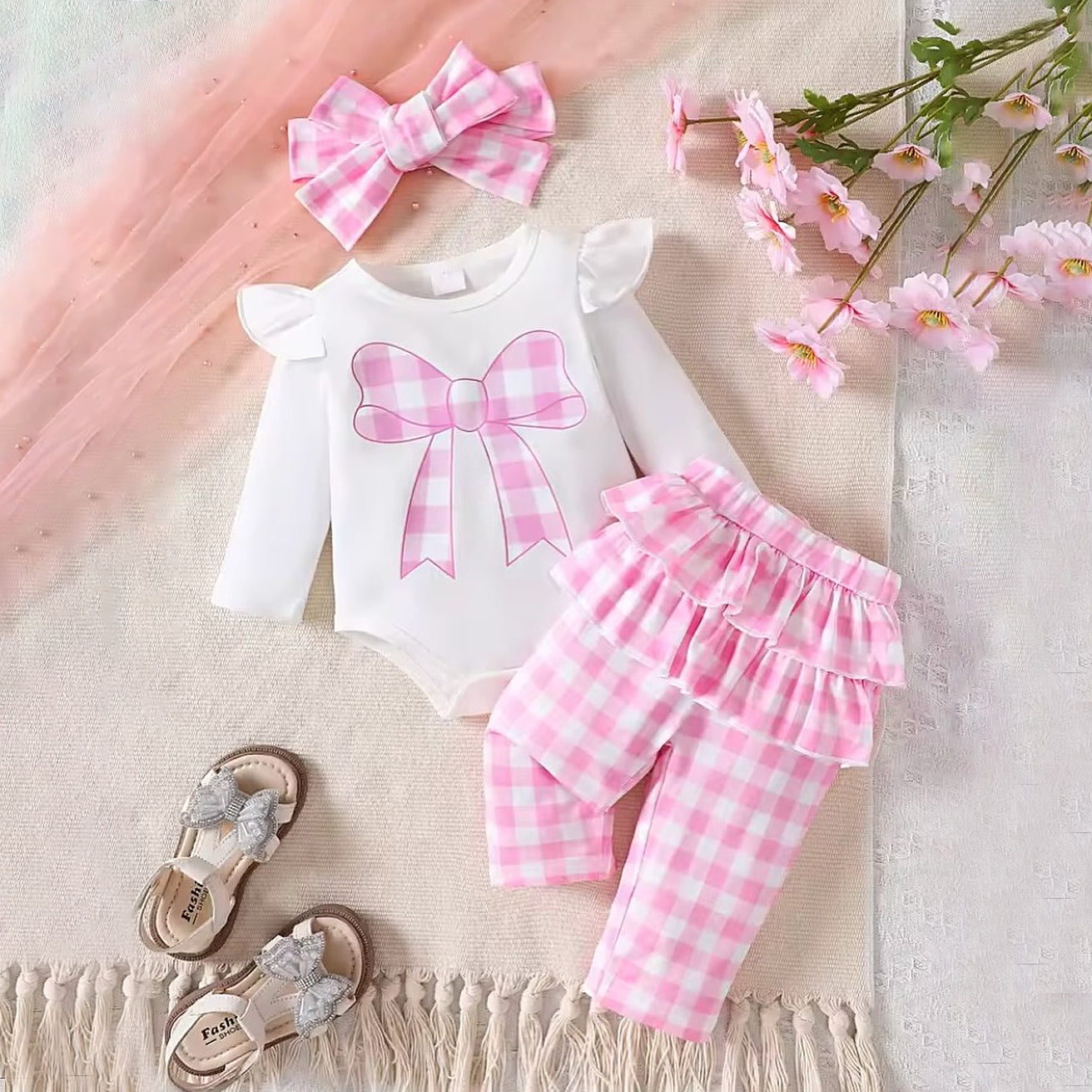 3PCS Adorable Bow Plaid Printed Baby Set