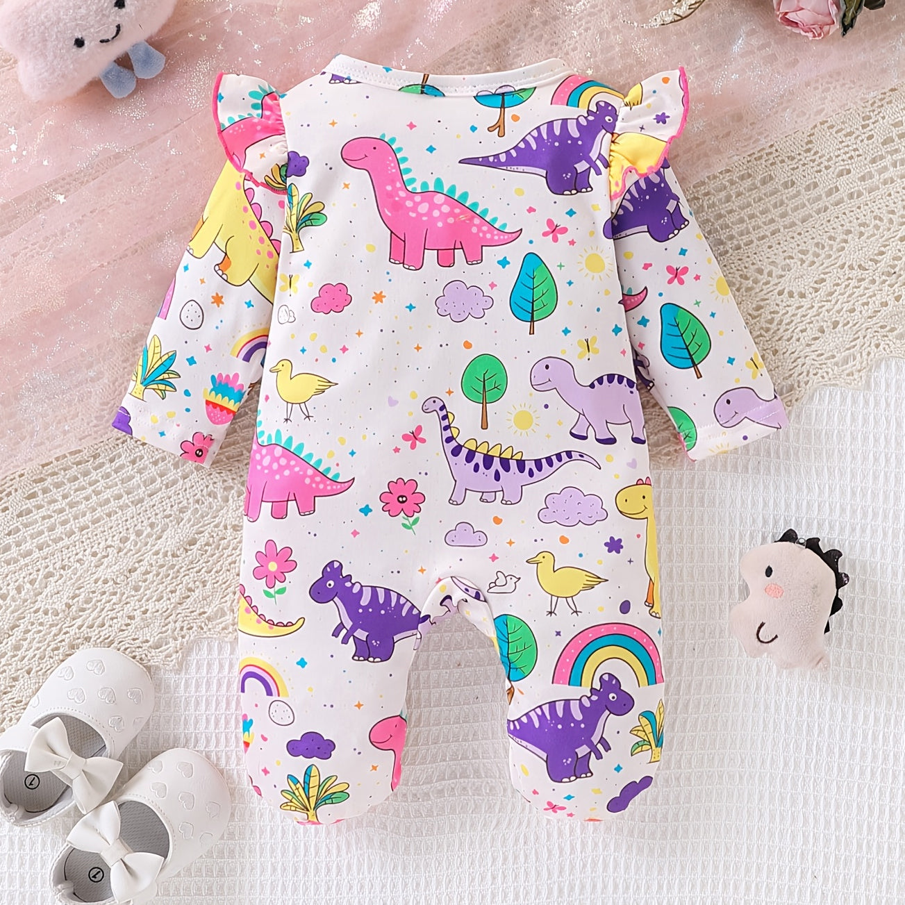Unisex Baby Dinosaur Print Long Sleeve Ruffle Footed Romper