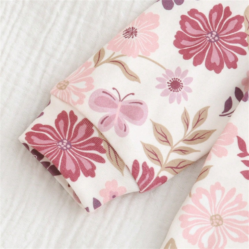 Casual Floral Print Long Sleeve Zip Baby Jumpsuit