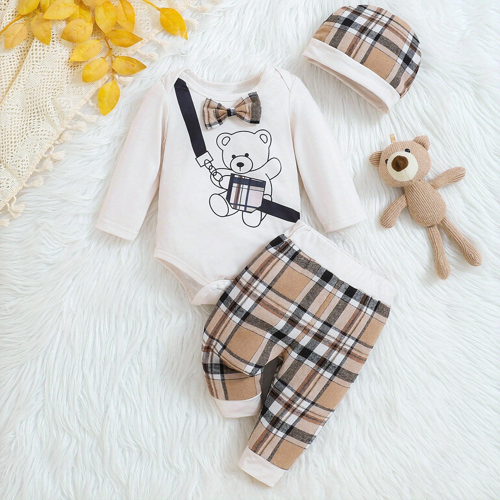 3PCS Casual Teddy Bear Plaid Print Long Sleeve Baby Boy Set