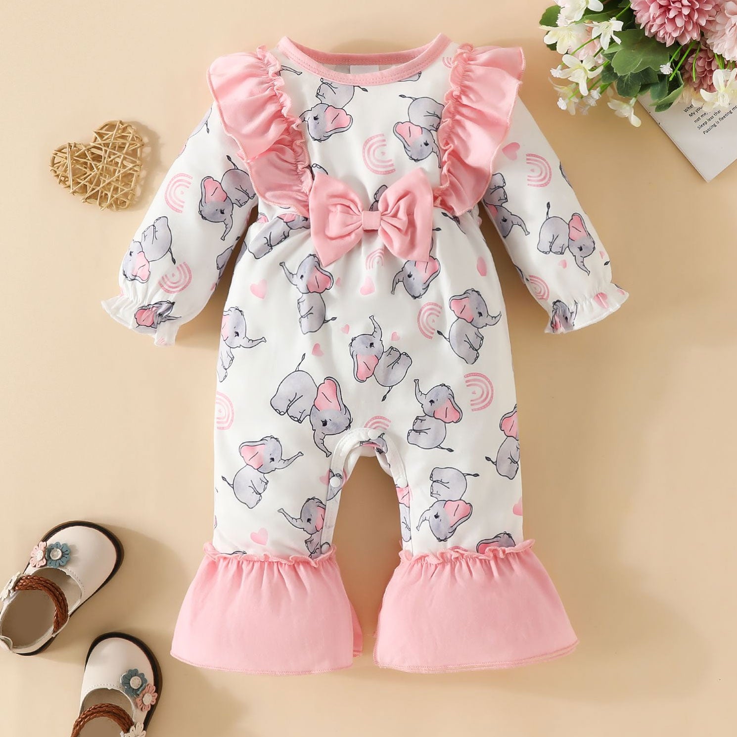 Cute Elephant Print Ruffle Decor Long Sleeve Baby Jumpsuit