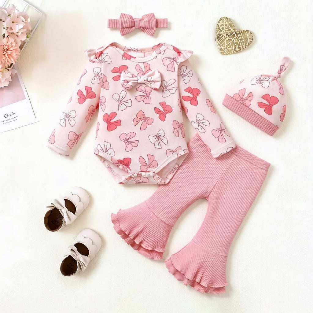 4PCS Sweet Bow Print Long Sleeve Baby Girl Set