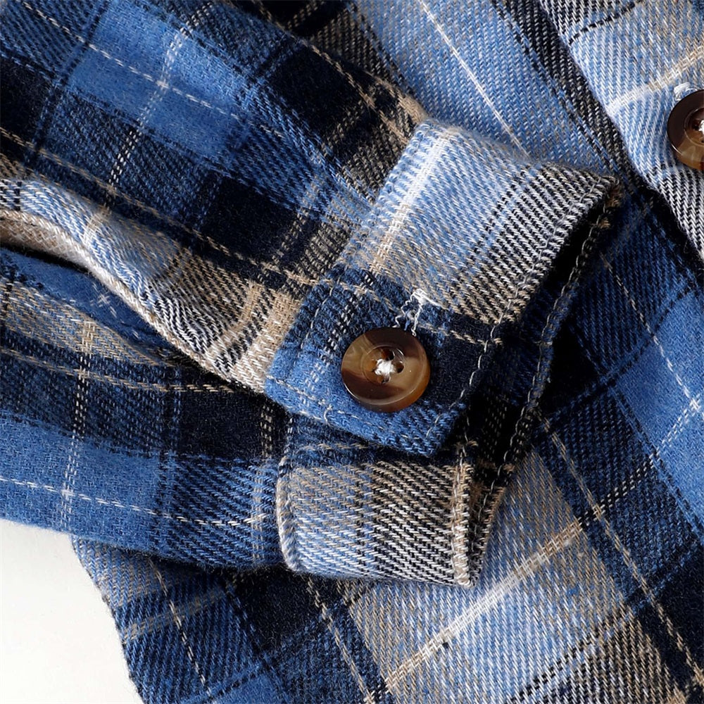 2PCS Stylish Comfy Plaid Print Long Sleeve Baby Hooded Set