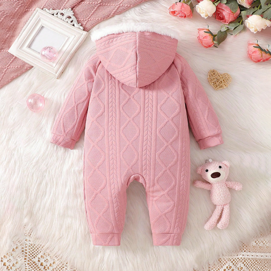Pure Solid Color Plush Long Sleeve Hooded Baby Jumpsuit