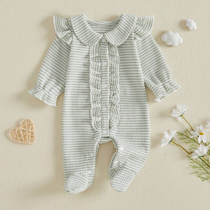 Comfy Solid Color Waffle Long Sleeve Ruffle Baby Girl Jumpsuit