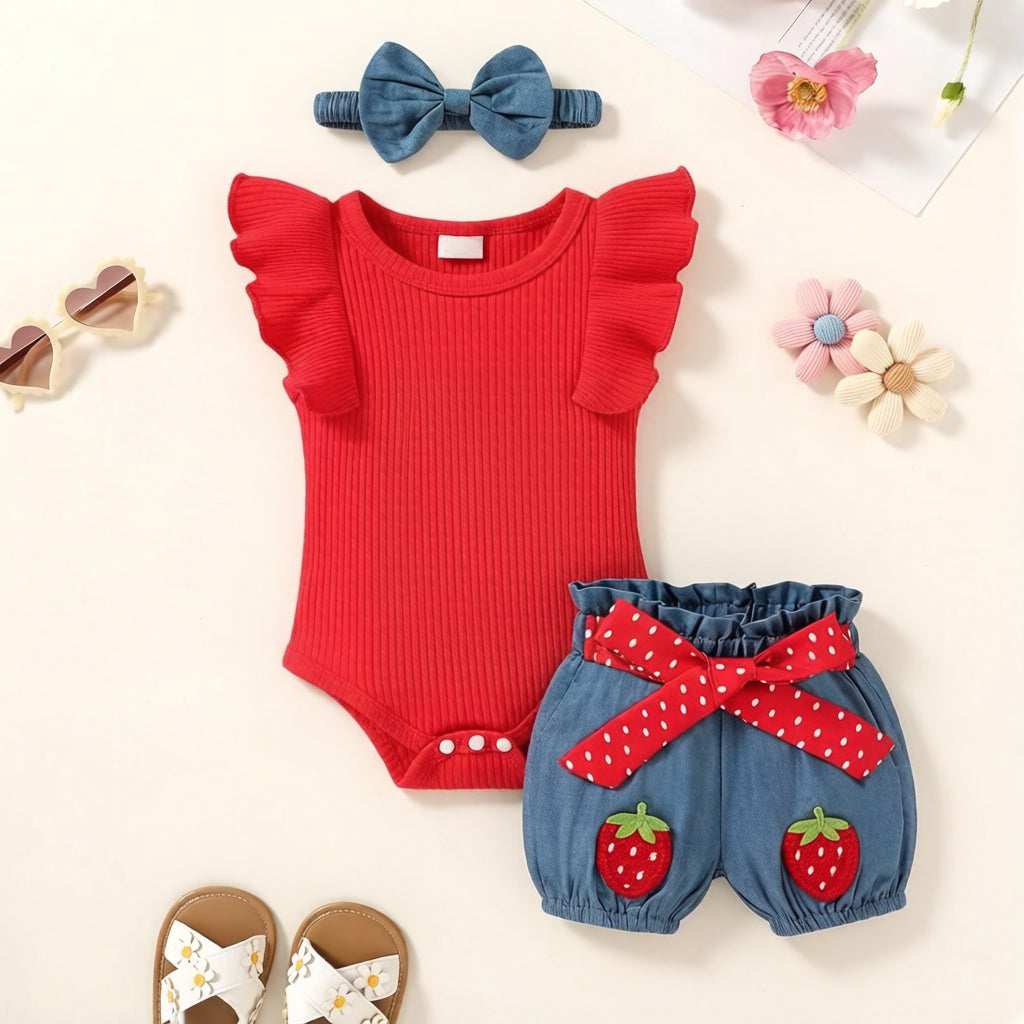 3PCS Sweet Strawberry Printed Appliqué Flutter Sleeve Baby Set