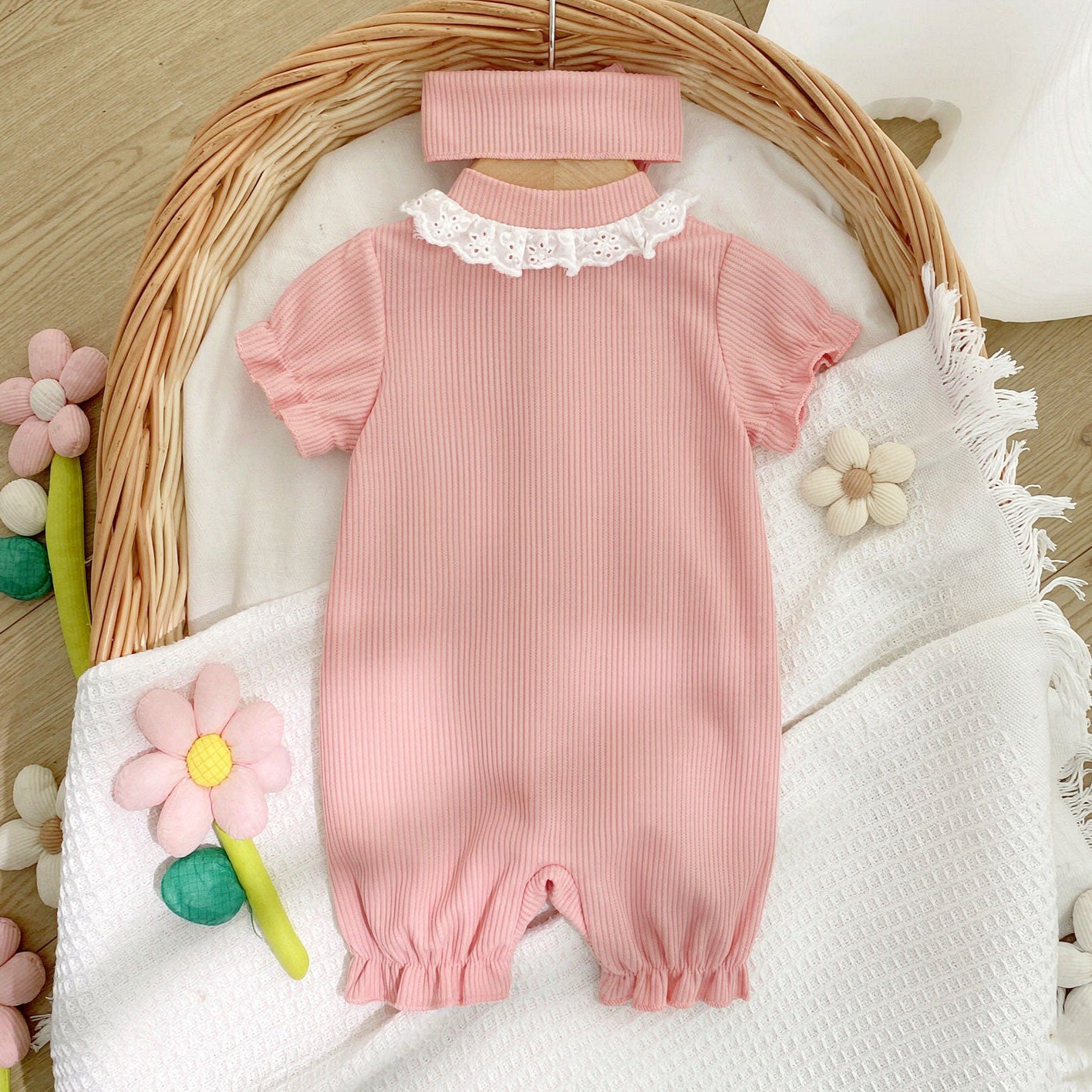 2PCS Pretty Floral Embroidery Short Sleeve Baby Girl Jumpsuit