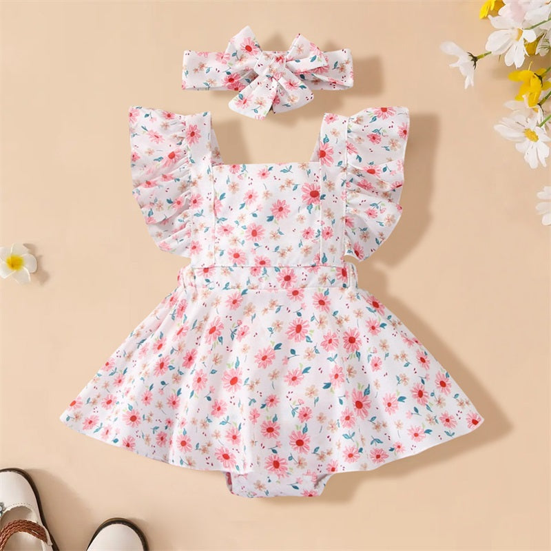 2PCS Lovely Floral Printed Fly Sleeve Baby Romper