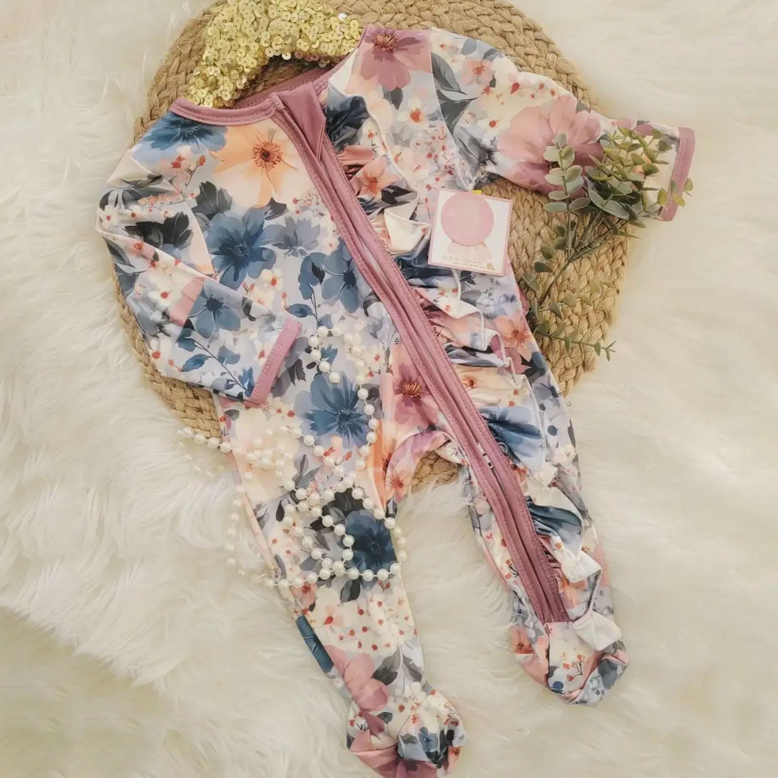 Grace Floral Printed Zipper Long Sleeve Baby Jumpsuit