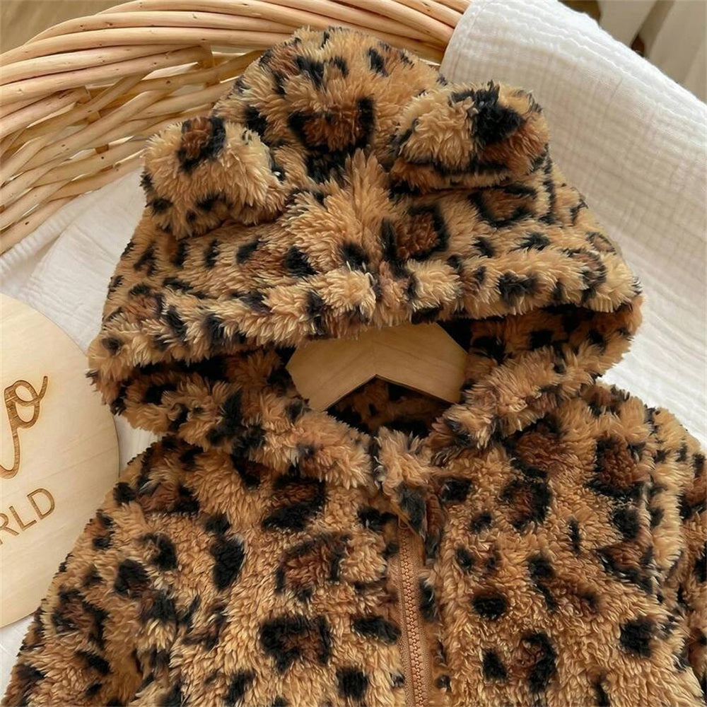Fuzzy Leopard Printed Zipper Long Sleeve Baby Jumpsuit
