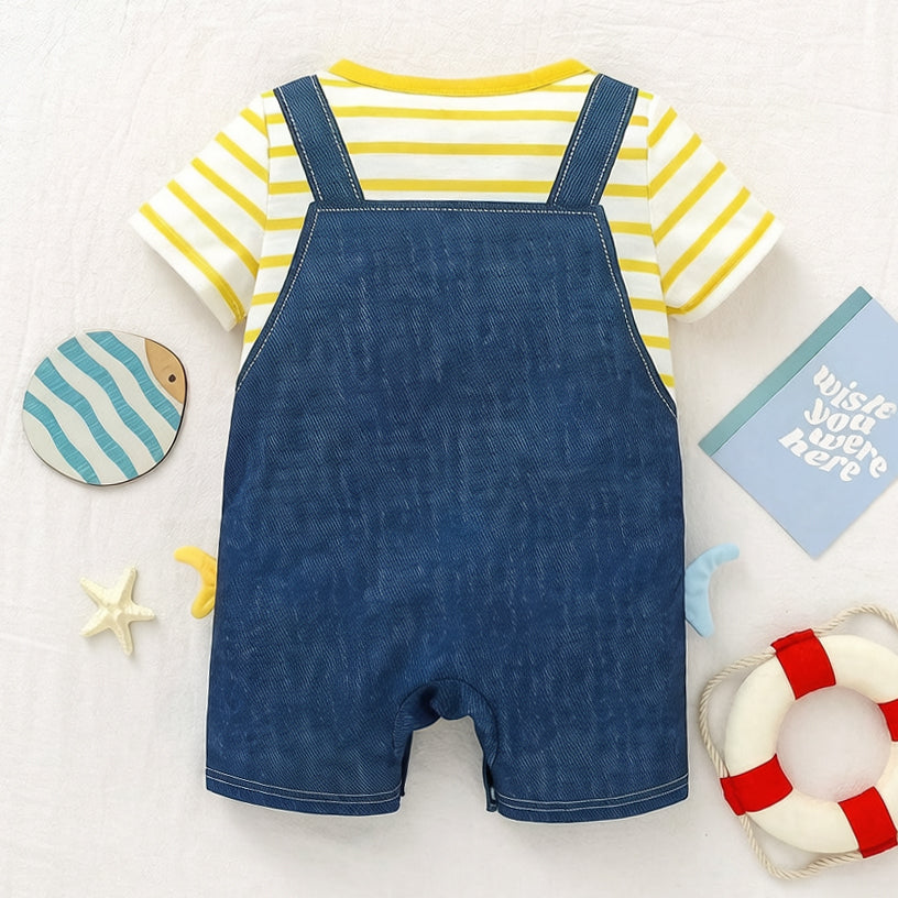 Stylish Shark Stripe Print Short Sleeve Baby Jumpsuit