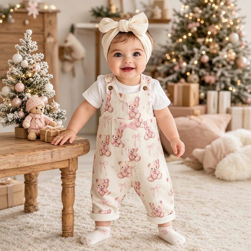 2PCS Lovely Teddy Bear Bow Print Short Sleeve Baby Overalls Set