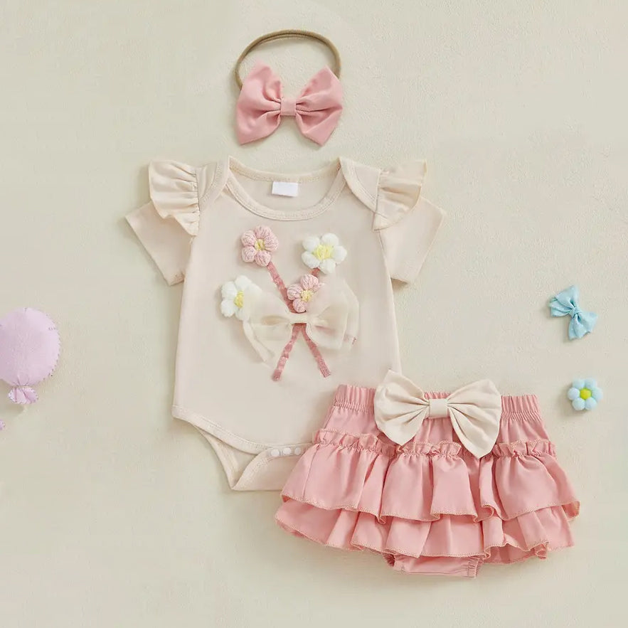 3PCS Summer 3D Flower Short Sleeve Baby Girl Set