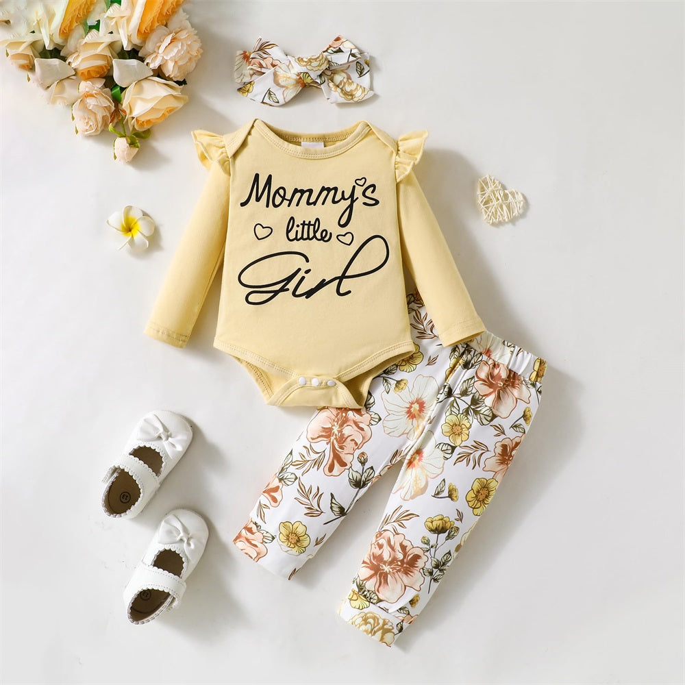 3PCS Mommy's Little Girl Letter Floral Print Long Sleeve Baby Set