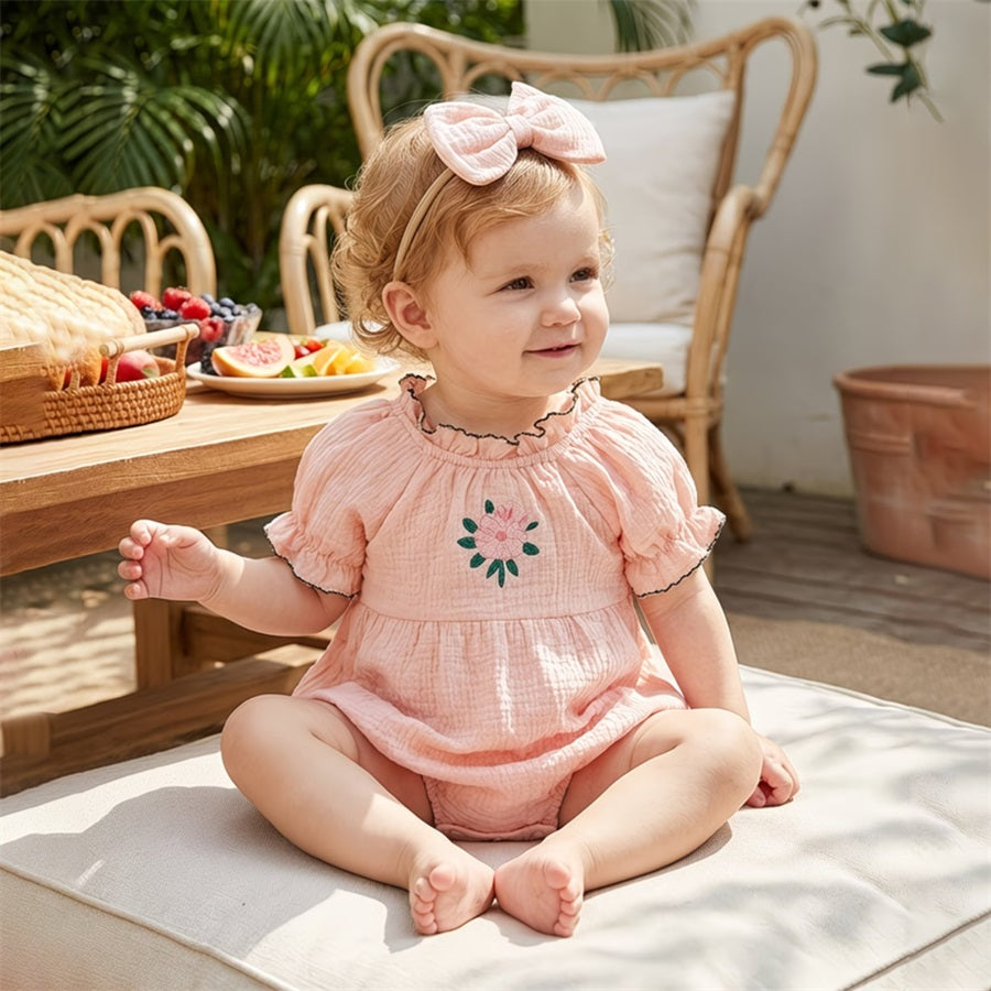 2PCS Lovely Floral Embroidery Short Sleeve Baby Romper