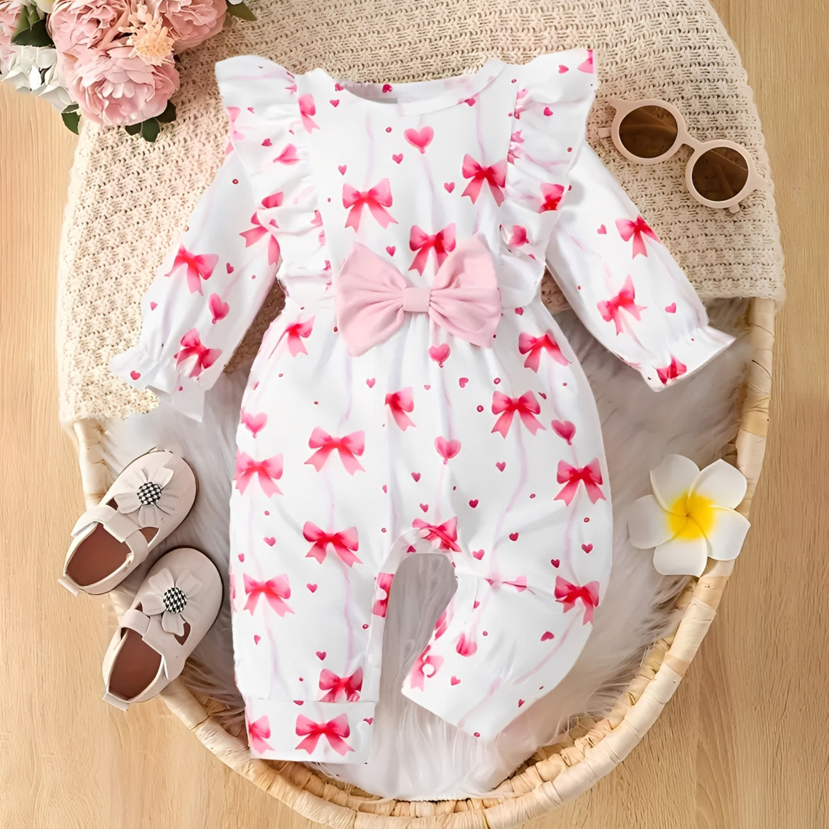 Charming Bow Printed Long Sleeve Baby Jumpsuit