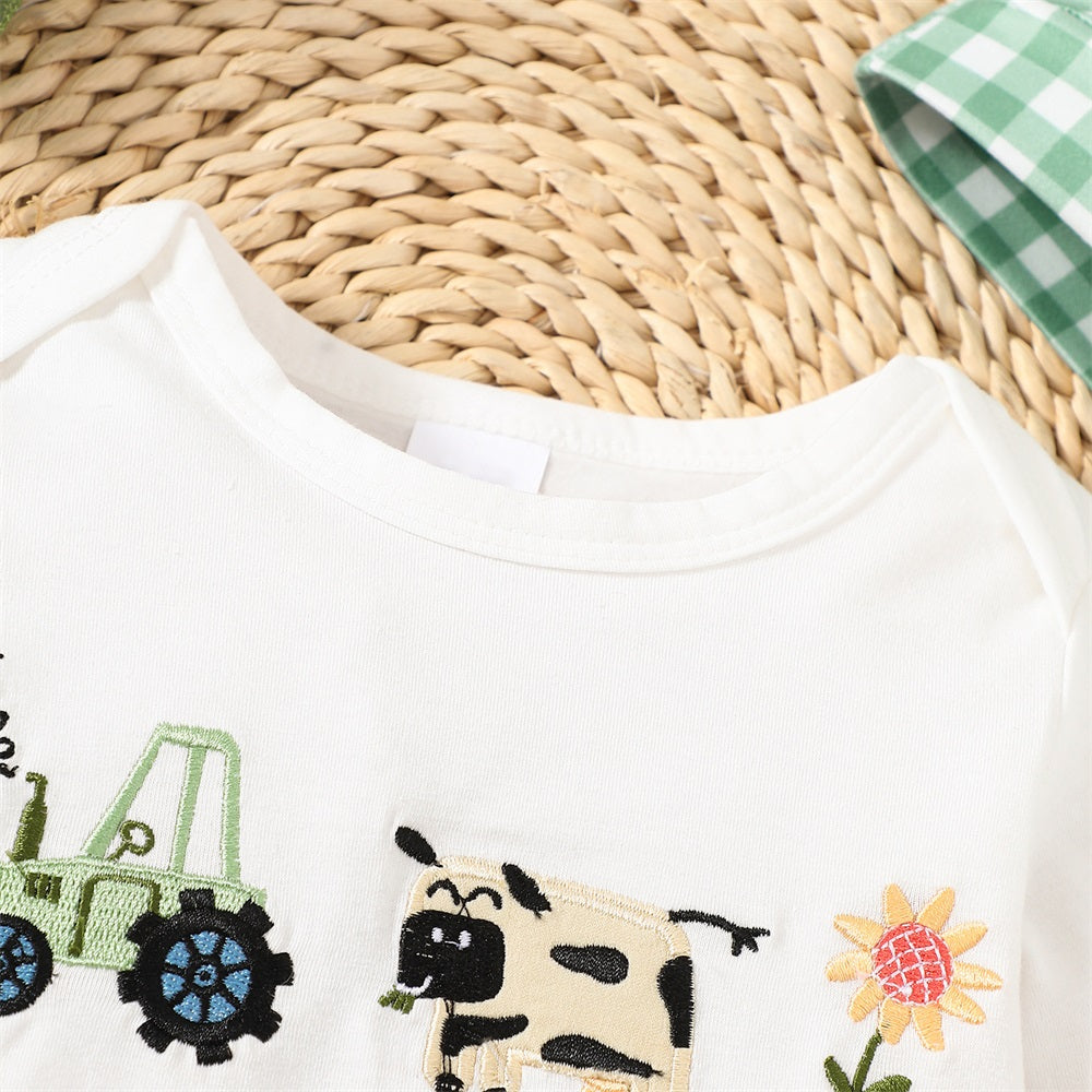3PCS Animal Embroidery Plaid Long Sleeve Baby Set