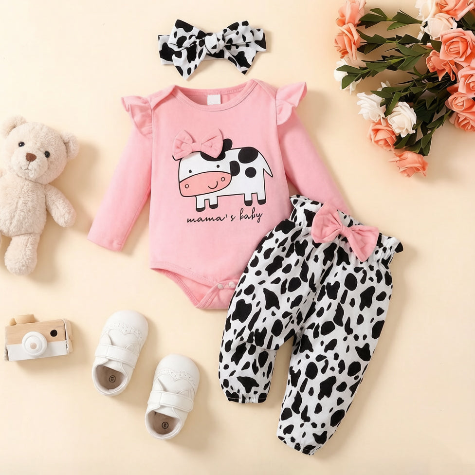 3PCS Mama's Baby Letter Cow Printed Long Sleeve Baby Set