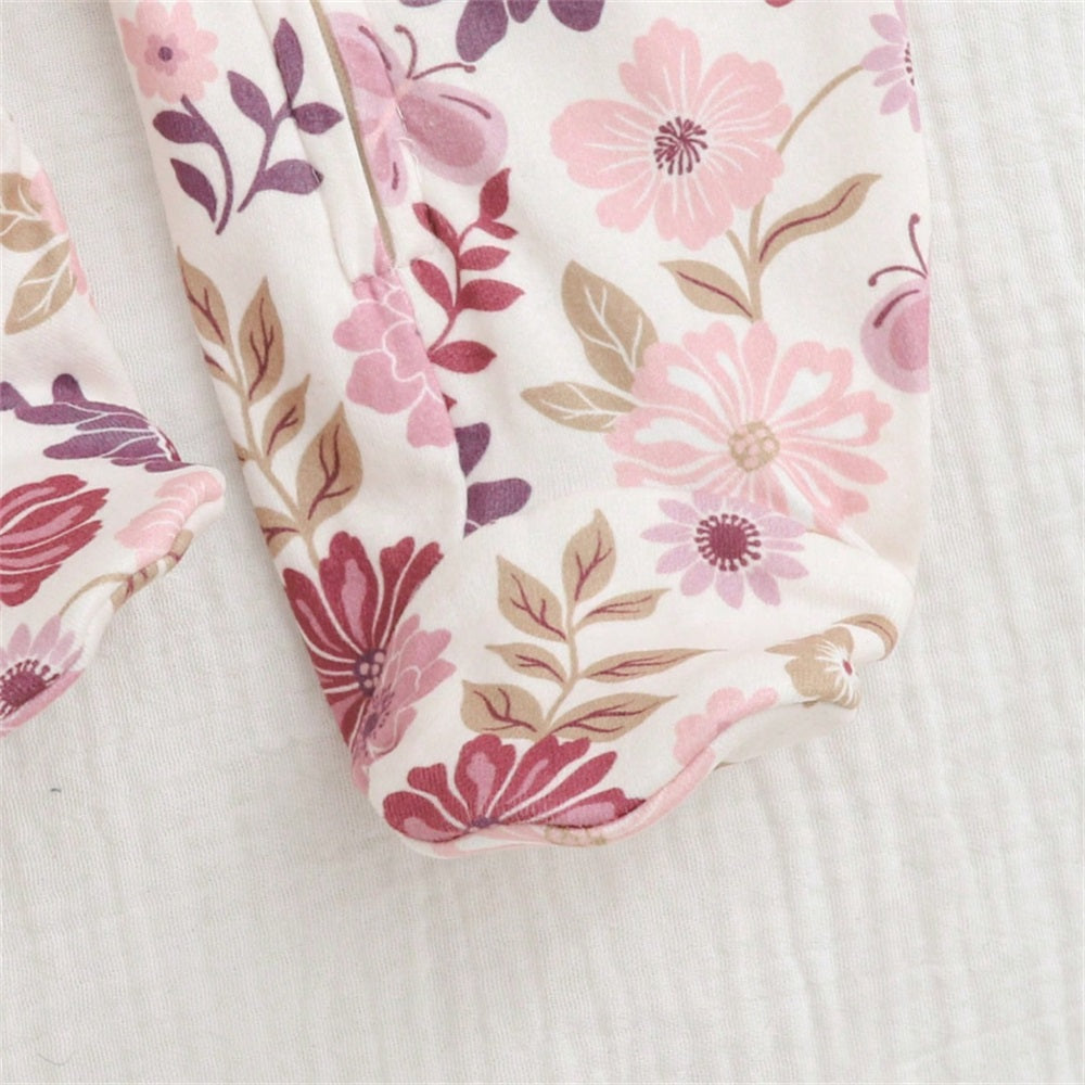 Casual Floral Print Long Sleeve Zip Baby Jumpsuit