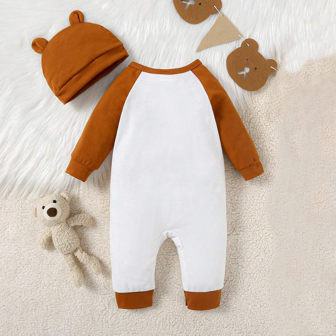 2PCS Casual Hello Letter Bear Print Long Sleeve Baby Jumpsuit