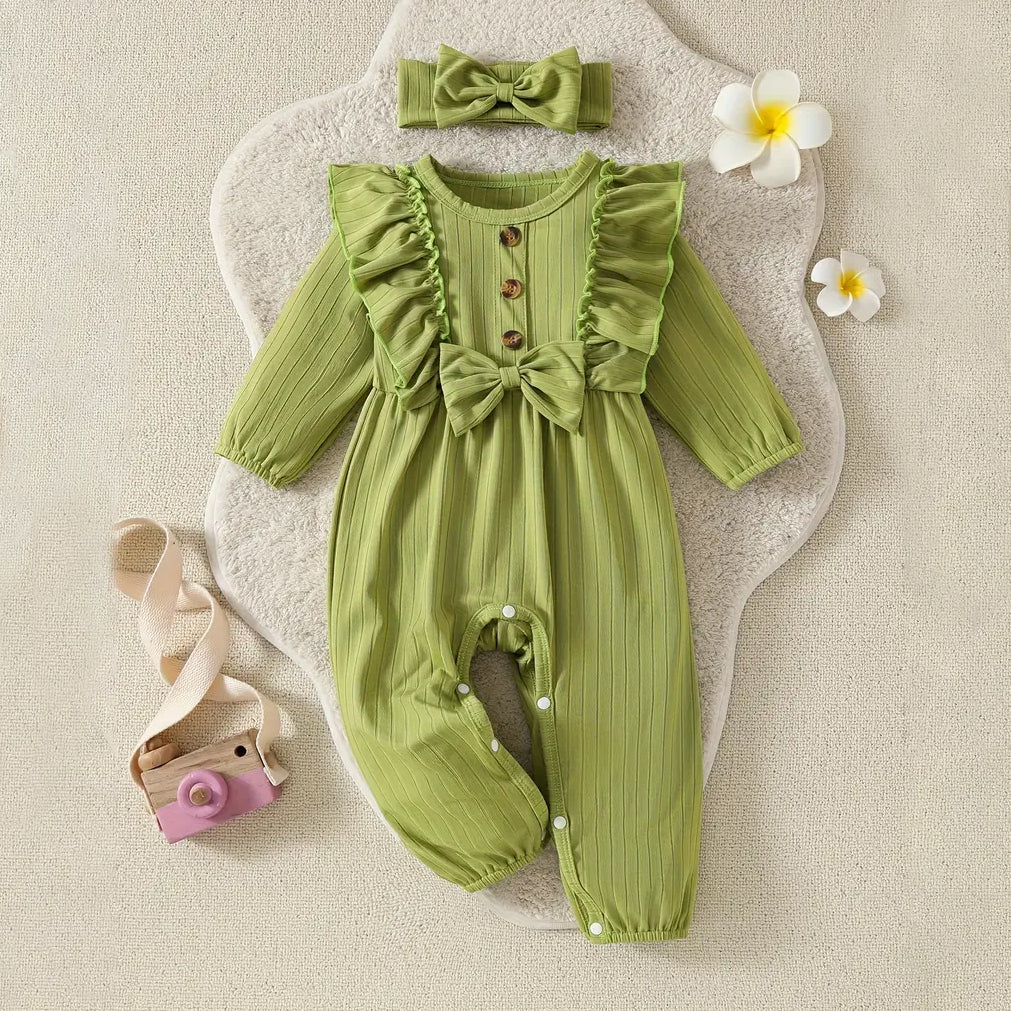 2PCS Stylish Solid Color Bow Decoration Long Sleeve Baby Jumpsuit