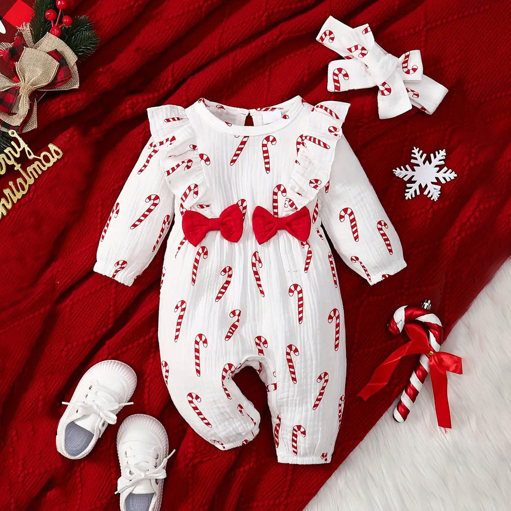 2PCS Christmas Candy Cane Printed Bowknot Long Sleeve Baby Jumpsuit