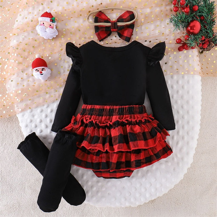 4PCS Lovely My 1st Christmas Letter Plaid Santa Claus Print Baby Set