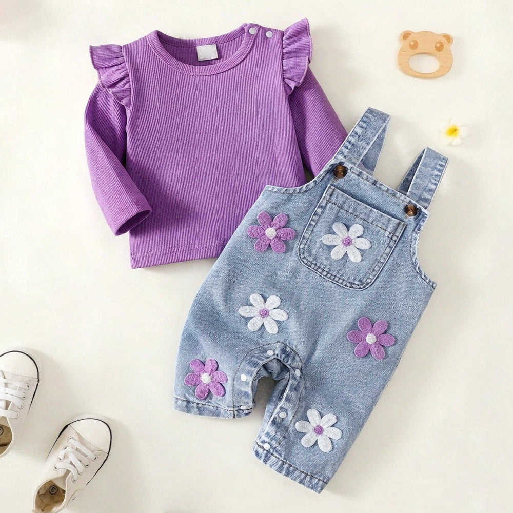 2PCS Charming Floral Applique Long Sleeve Baby Denim Overalls Set
