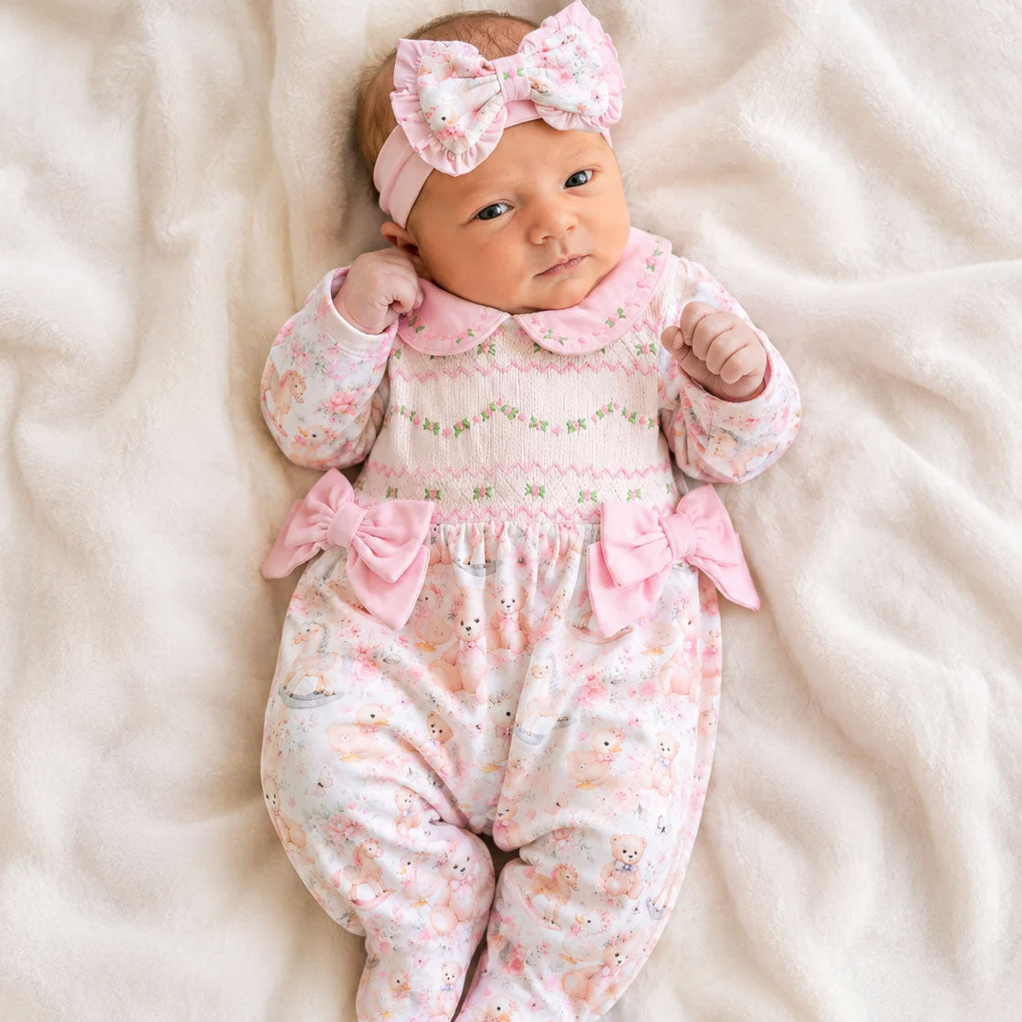 2PCS Sweet Teddy Bear Floral Print Bow Long Sleeve Baby Jumpsuit