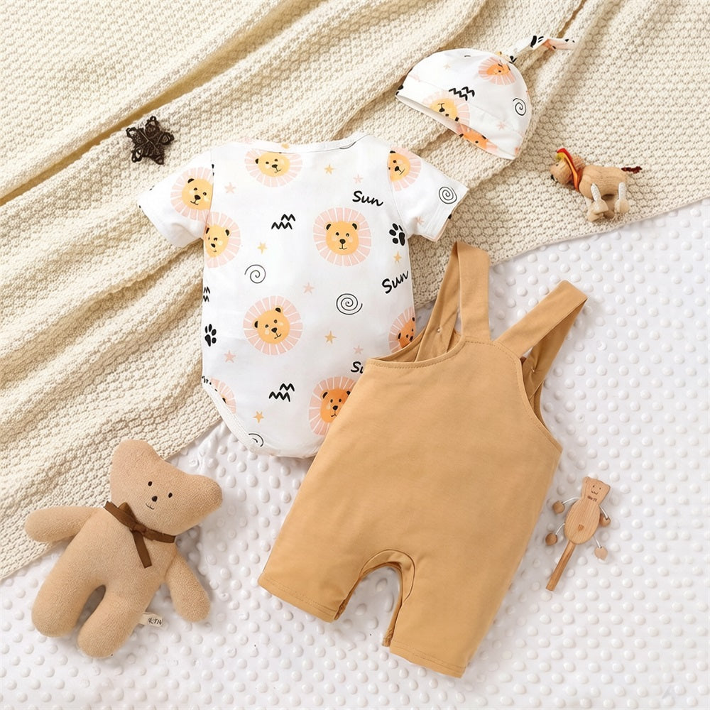 3PCS Casual Cute Lion Printed Short Sleeve Baby Overalls Set