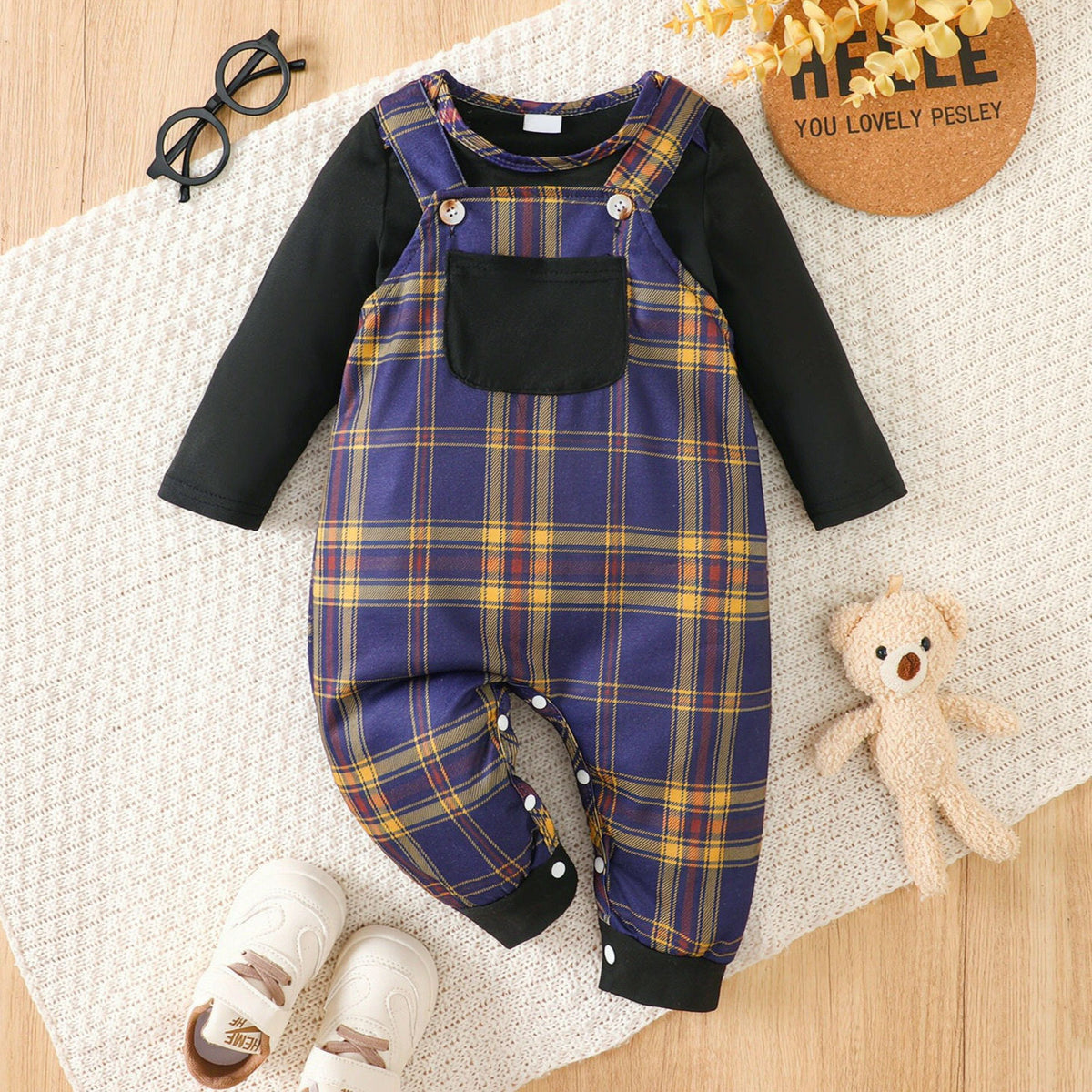 2PCS Classic Plaid Printed  Long Sleeve Overalls Baby Set