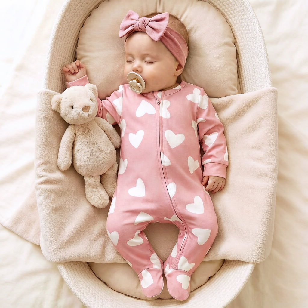 Adorable Heart Print Long Sleeve Zipper Baby Jumpsuit