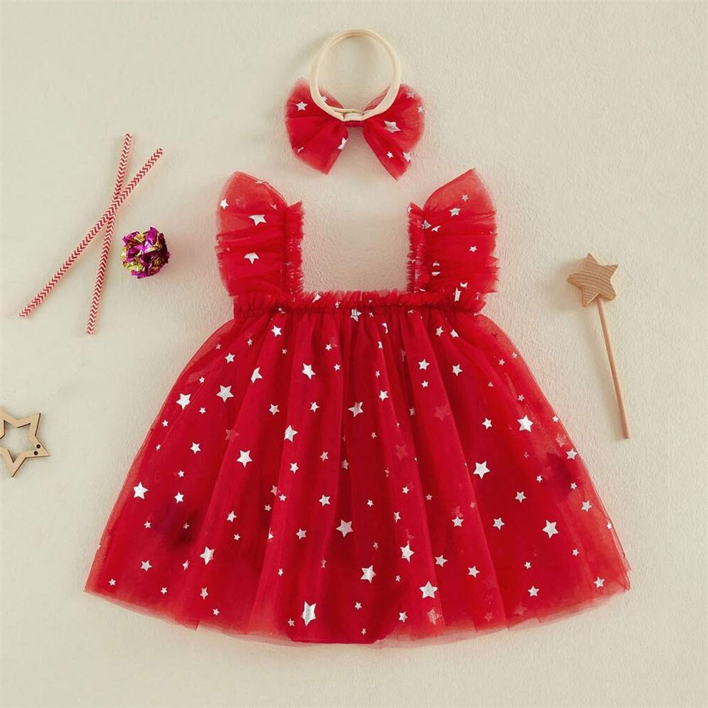 2PCS Independence Day Star Embroidery Fly Sleeve Mesh Baby Romper