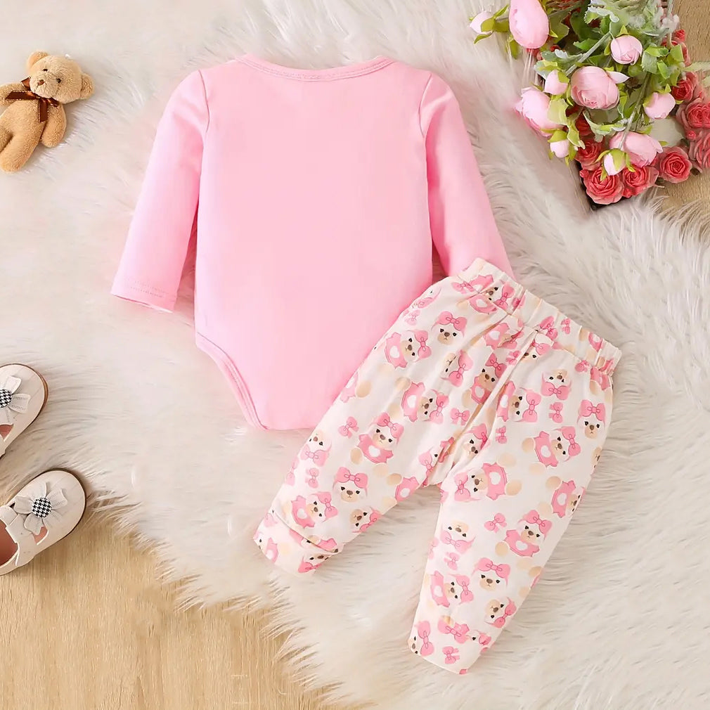 2PCS Adorable Bowknot Bear Decor Printed Long Sleeve Baby Set