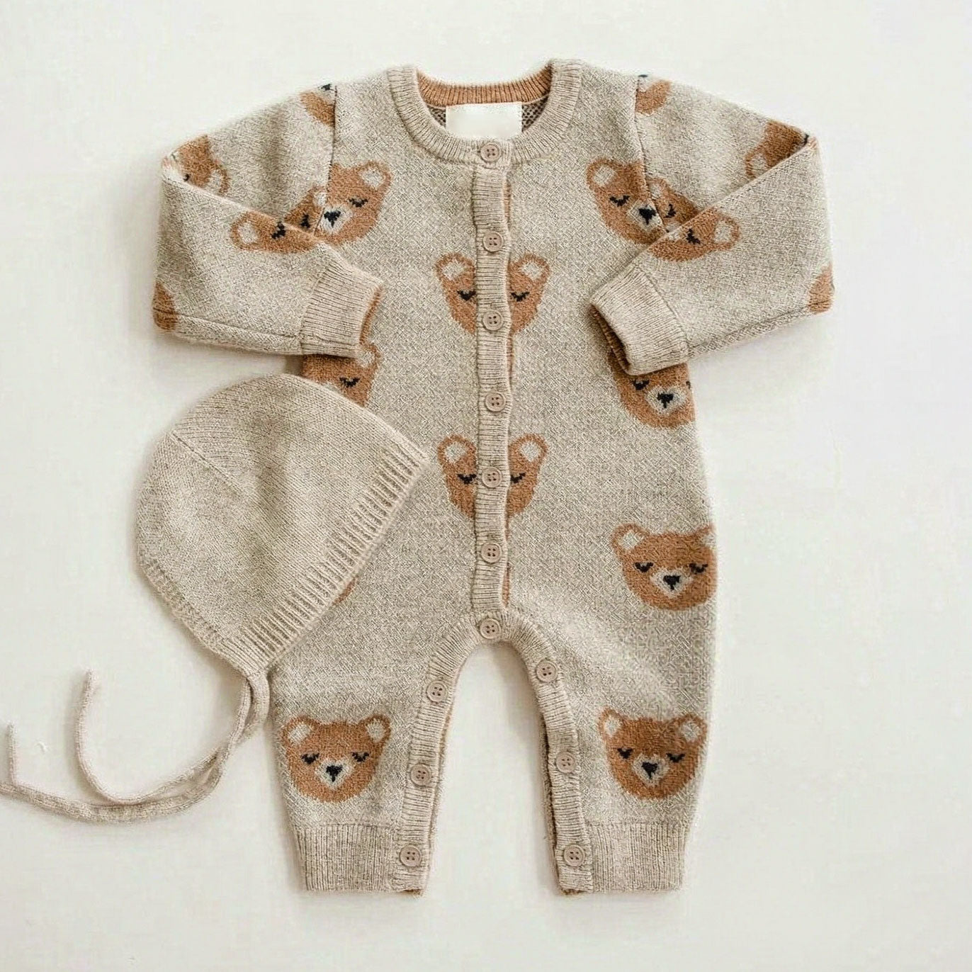 2PCS Lovely Bear Printed Knit Long Sleeve Baby Jumpsuit