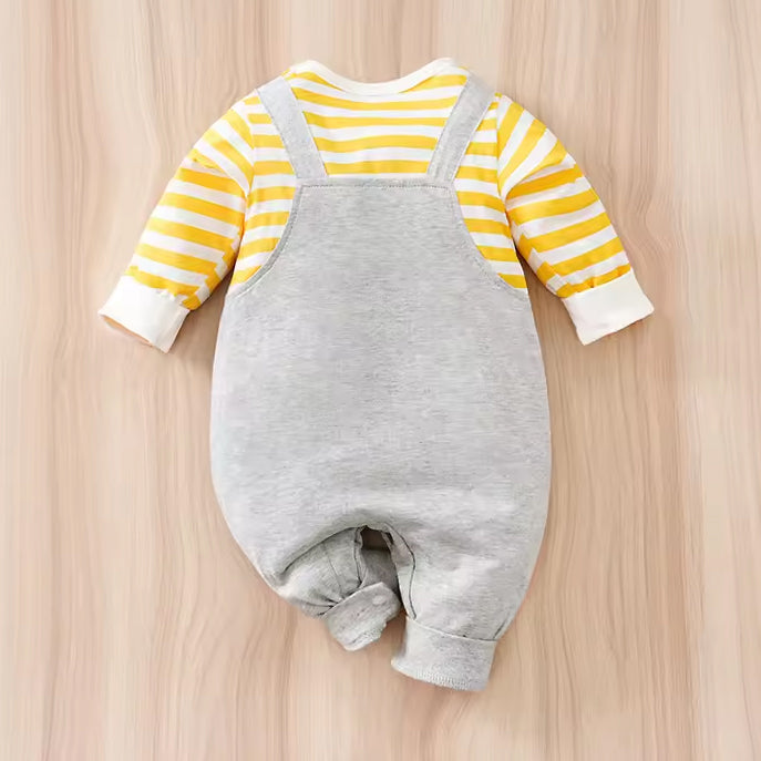Adorable Bear Print Striped Long Sleeve Baby Jumpsuit