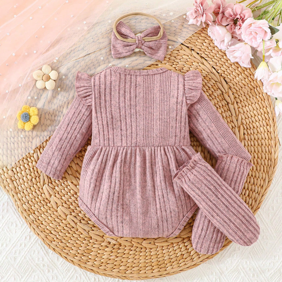 3PCS Solid Color Floral Decoration Baby Romper