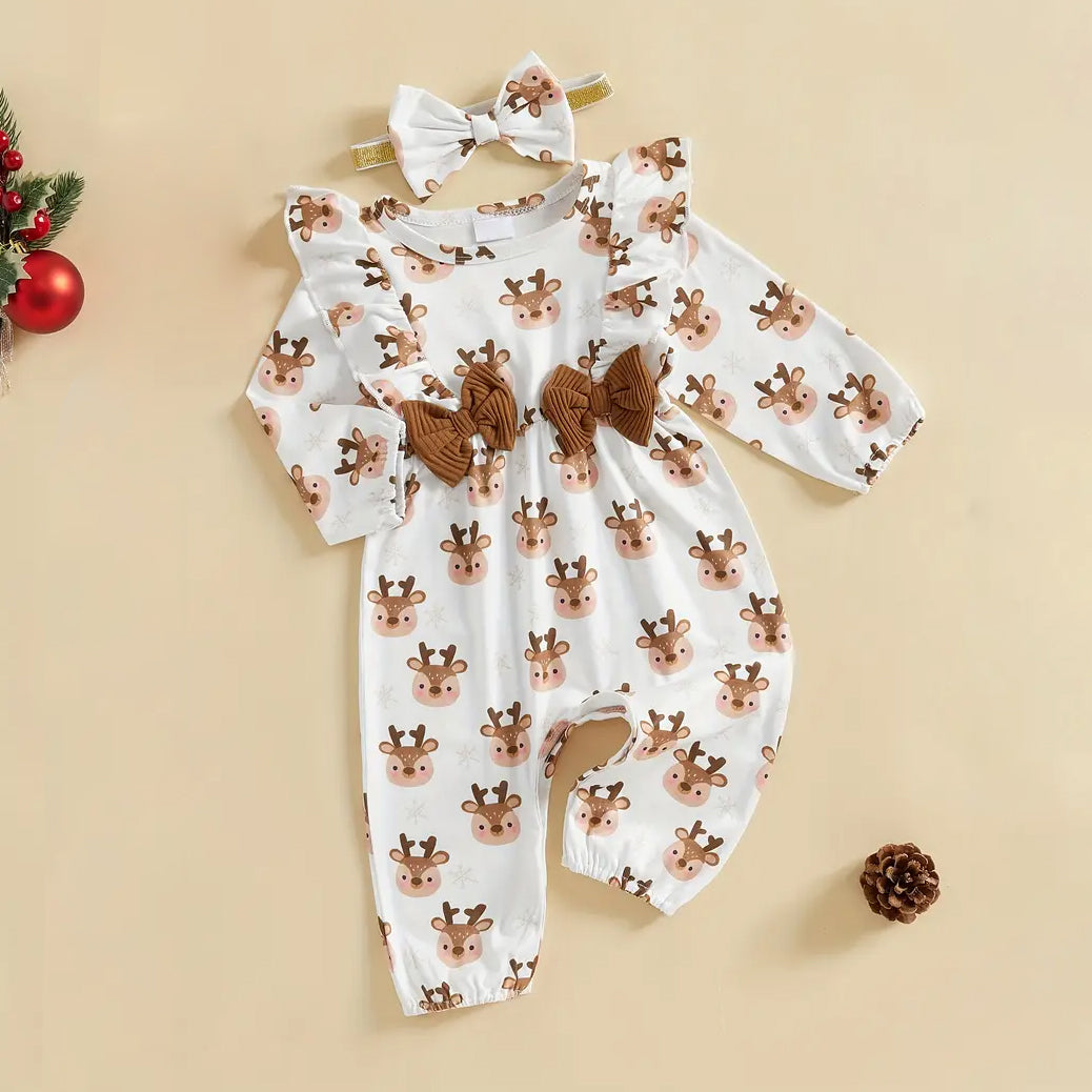 2PCS Lovely Christmas Elk Printed Long Sleeve Baby Jumpsuit