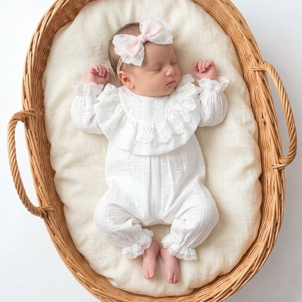 Elegant Solid Color Lace Trim Long Sleeve Baby Jumpsuit