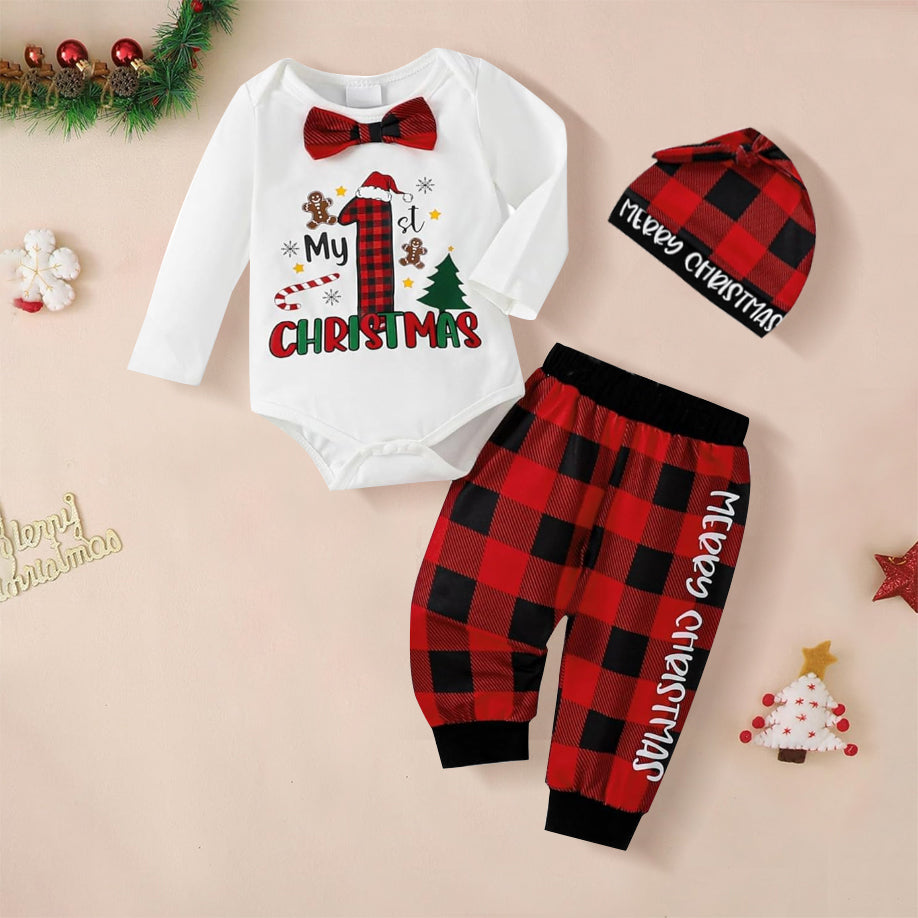 3PCS Classic My 1st Christmas Letter Plaid Printed Baby Set