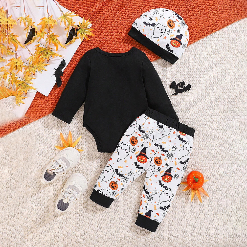 3PCS Halloween What I Do Is Letter Ghost Printed Long Sleeve Baby Set