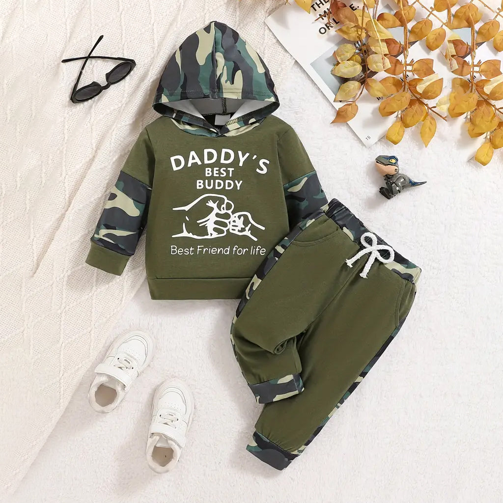 2PCS Daddy's Best Buddy Letter Printed Camouflage Hooded Baby Set