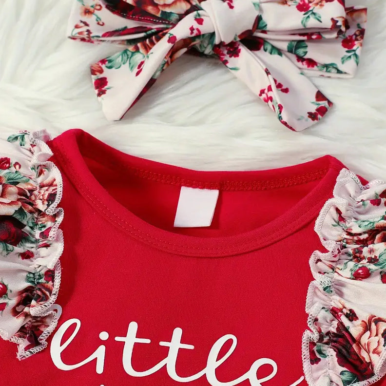 3PCS Little Miss Sassy Letter Floral Printed Long Sleeve Baby Jumpsuit