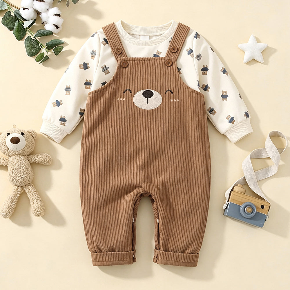 2PCS Adorable Bear Print Long Sleeve Corduroy Baby Overalls Set