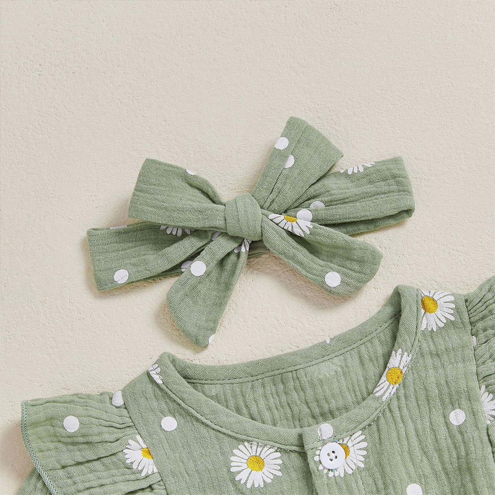 2PCS Timeless Daisy Printed Long Sleeve Baby Girl Jumpsuit