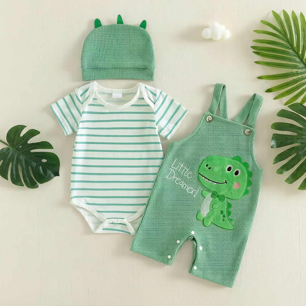 3PCS Dinosaur Stripe Printed Short Sleeve Baby Overalls Set