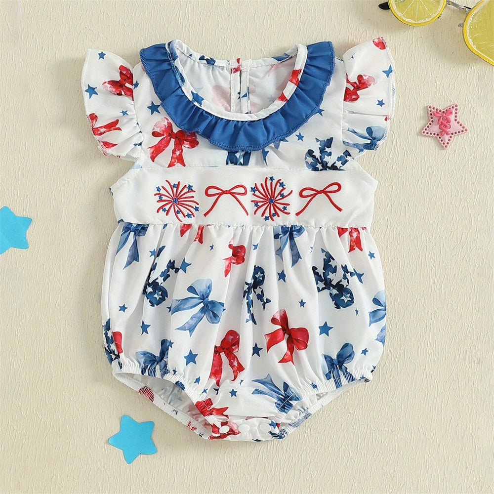 Cute Bow Printed Ruffled Collar Fly Sleeve Baby Romper