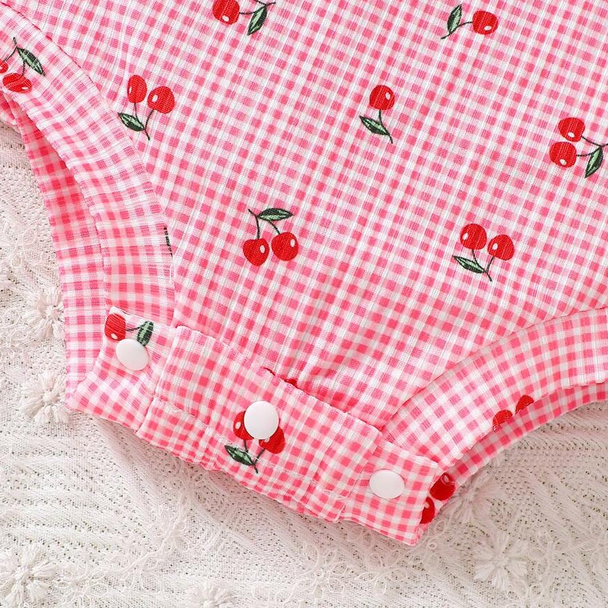 Vibrant Cute Cherry & Plaid Print Sleeveless Baby Romper
