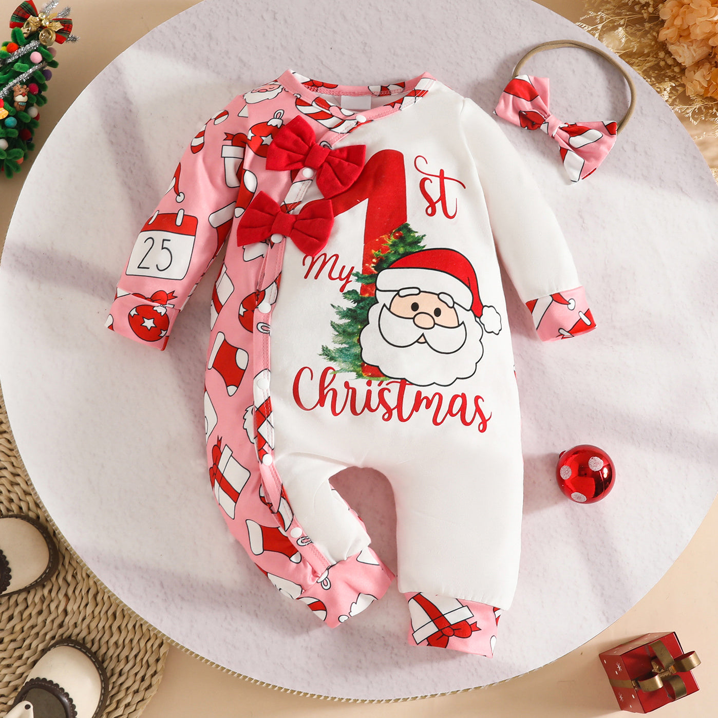 2PCS My 1st Christmas Letter Santa Claus Printed Baby Jumpsuit